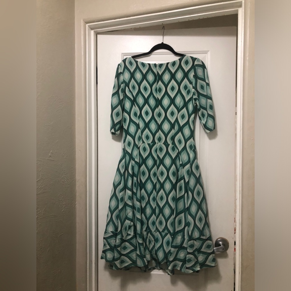 Women's Teal Geometric Midi Dress with Scoop Neck Dieuthanh Haute Couture dress - Picture 7 of 8